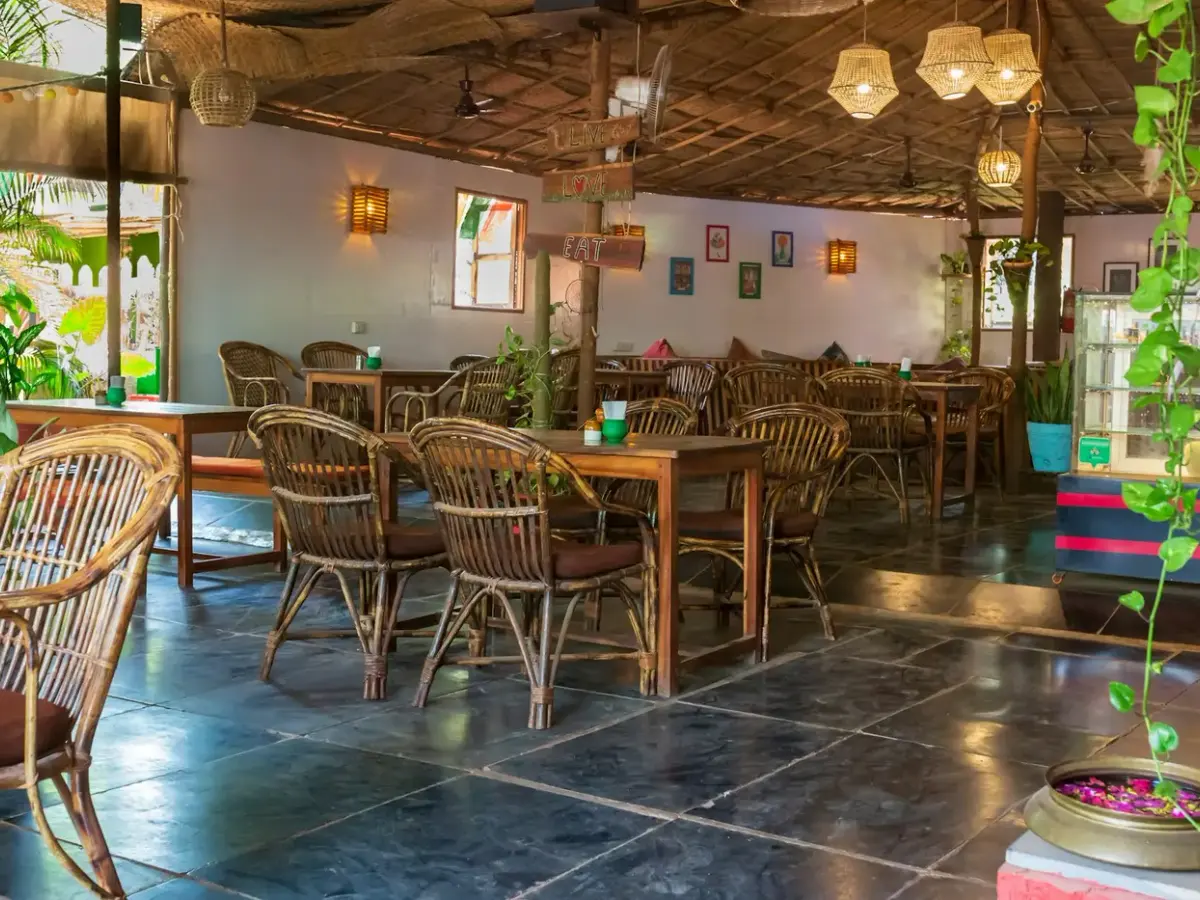 Inviting hotel restaurant with warm natural interiors